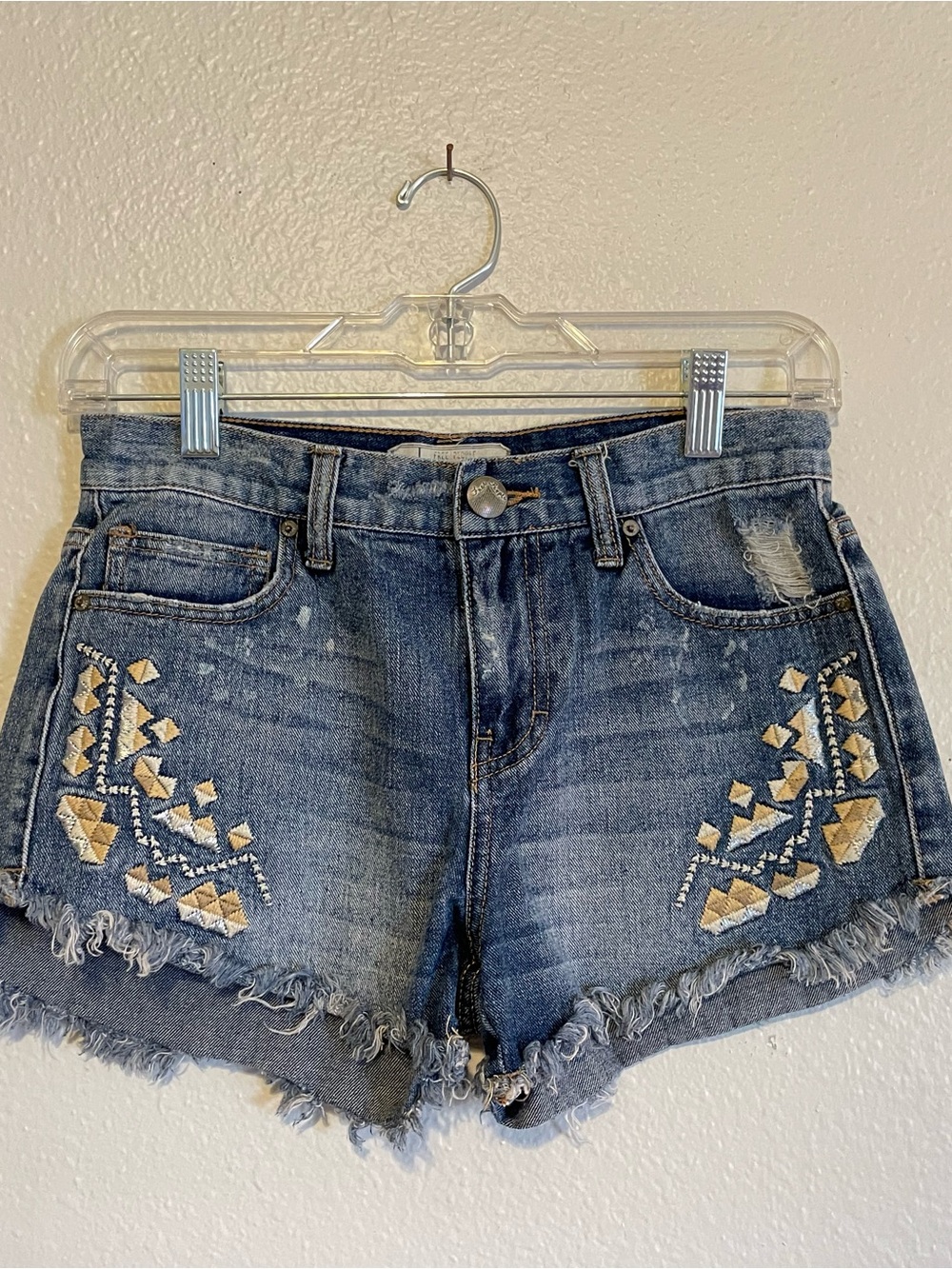 Free People Medium Blue Embroidered Frayed Denim Shorts